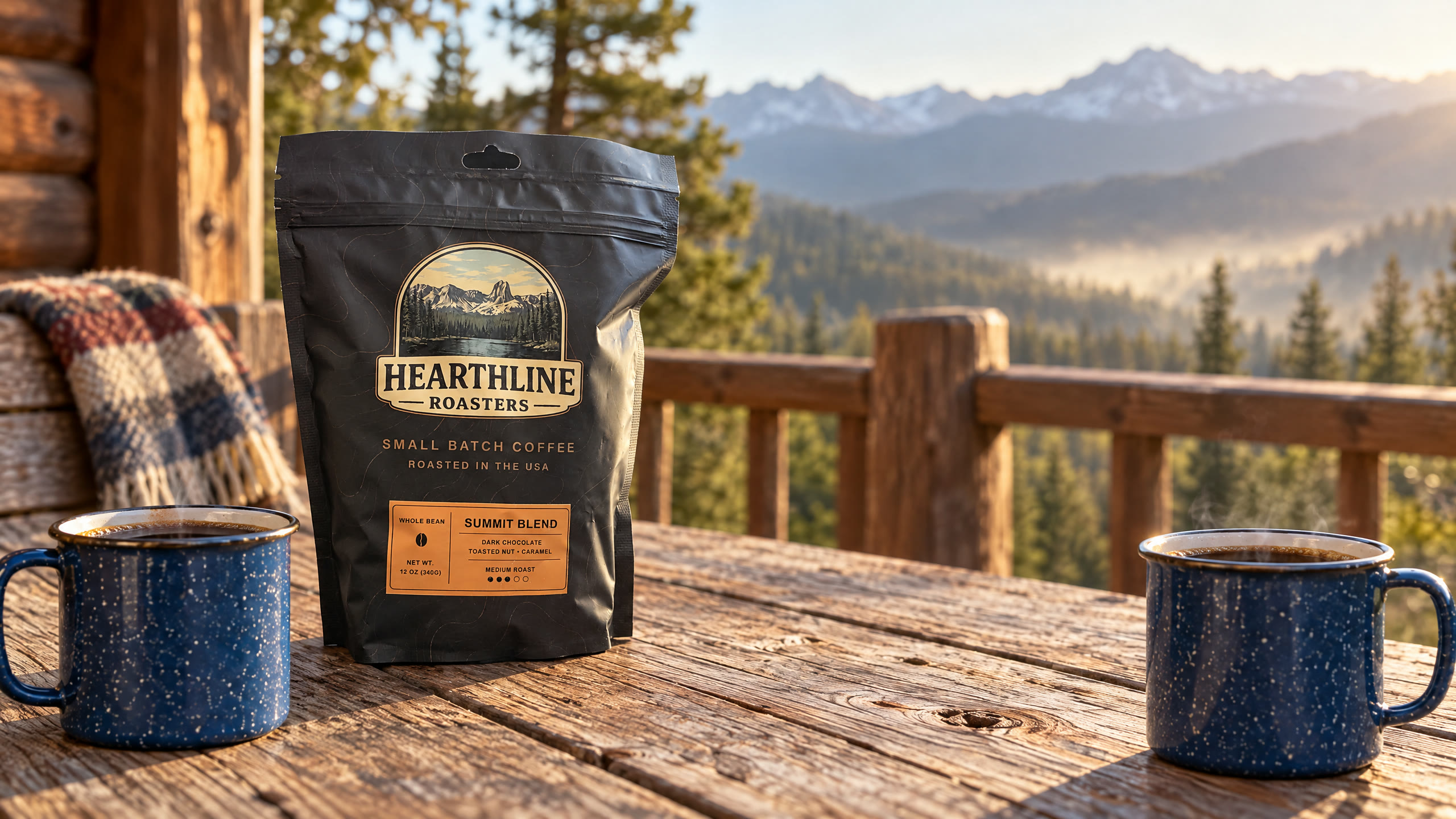 A bag of Summit Blend and two enamel mugs on a cabin deck table above a forested valley