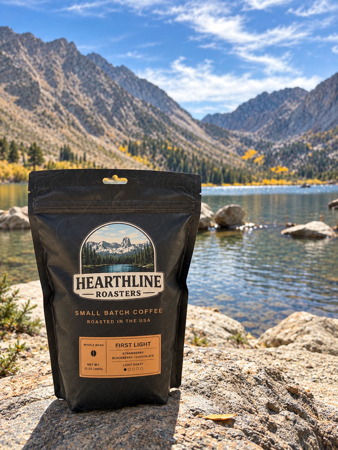 A bag of Hearthline First Light on a granite rock by a mountain lake