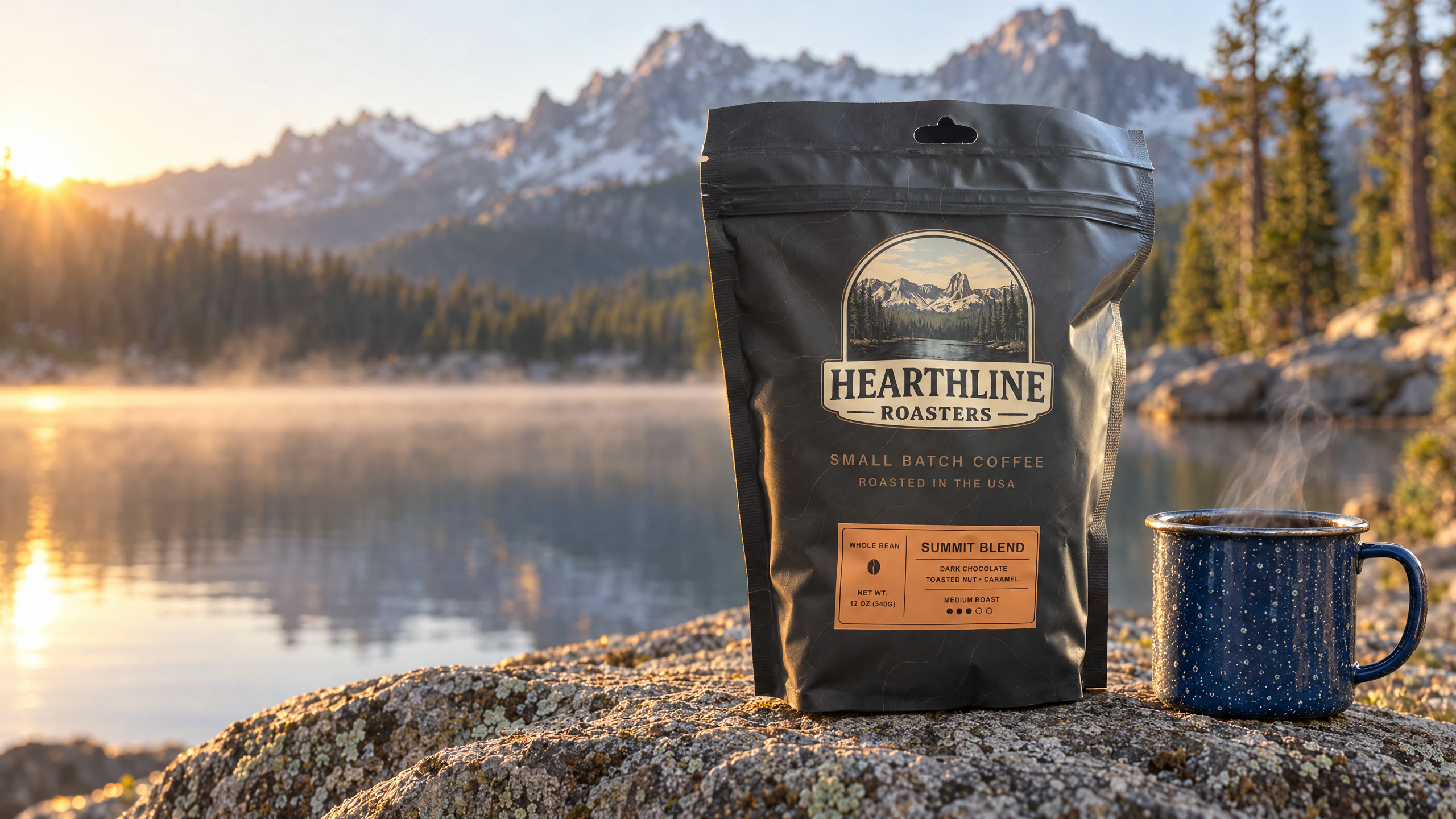 A bag of Hearthline Summit Blend and a blue enamel mug on a granite boulder beside a still mountain lake at sunrise