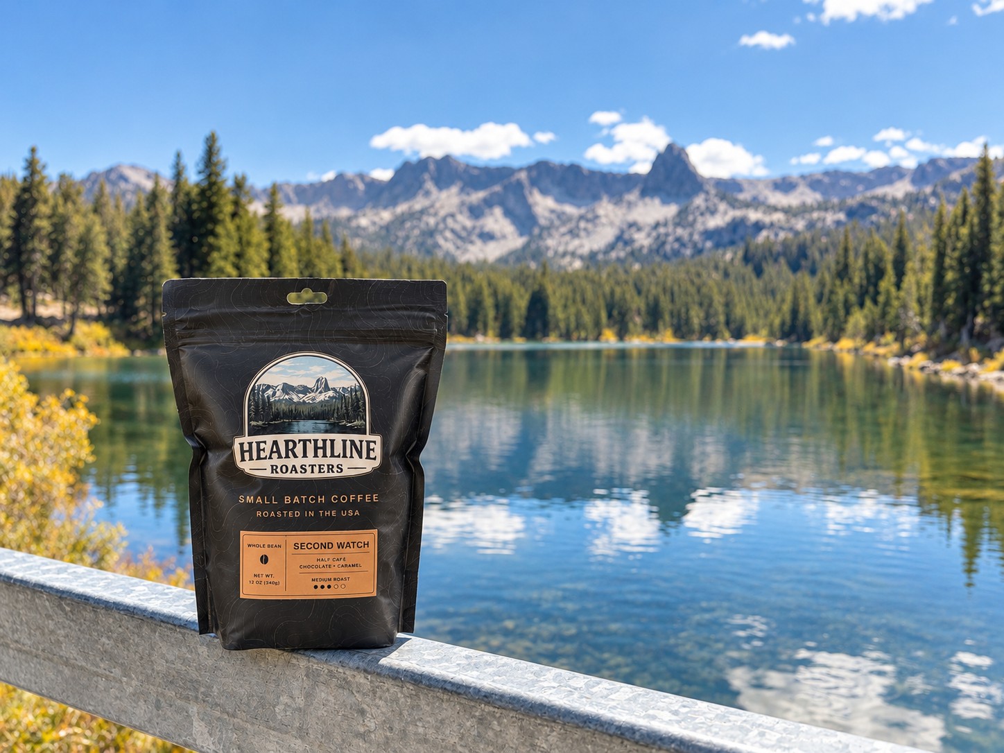 A bag of Hearthline Second Watch on a railing above a mountain lake