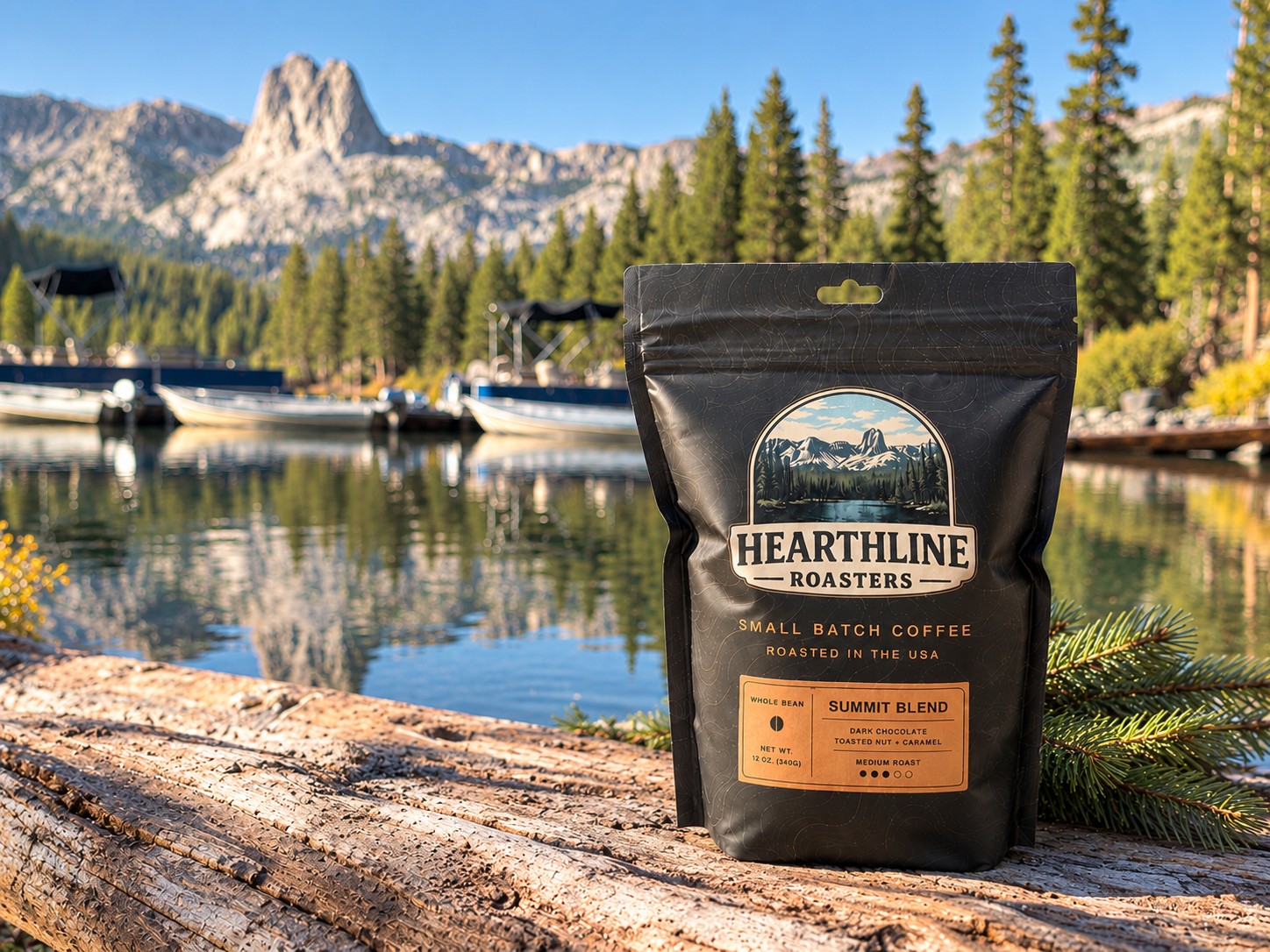 A bag of Hearthline Summit Blend on a log by a mountain lake